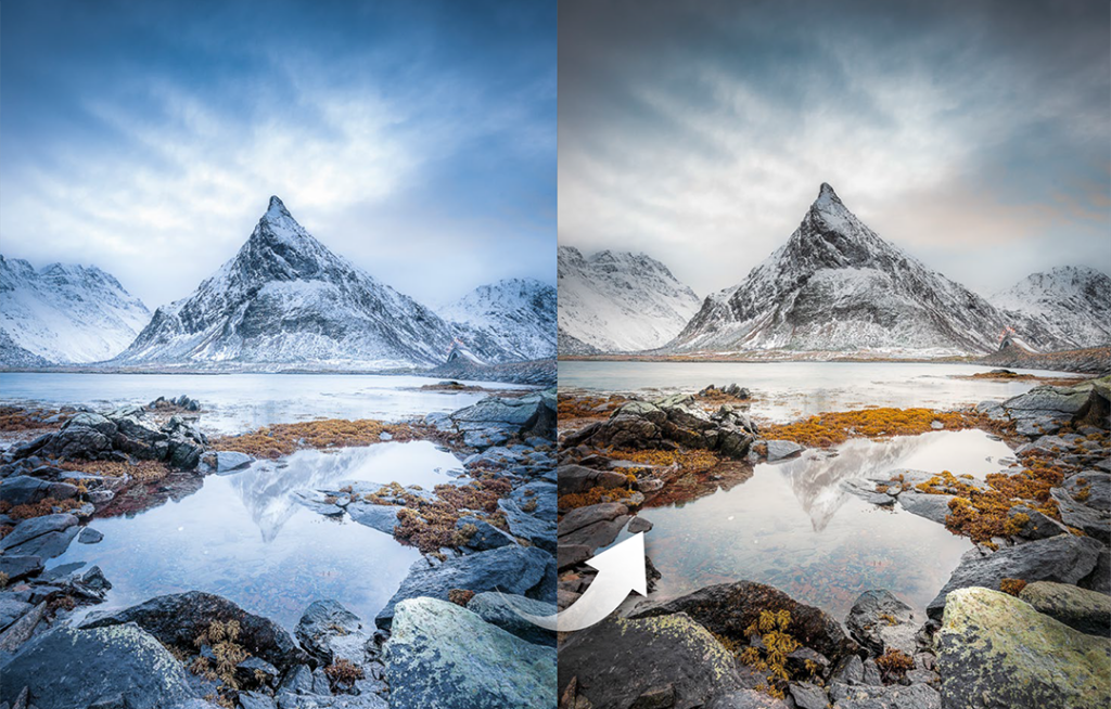 bilanciamento del bianco prima e dopo foto di una montagna